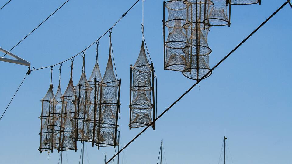 Fishing nets suspended between wires against a clear blue sky.