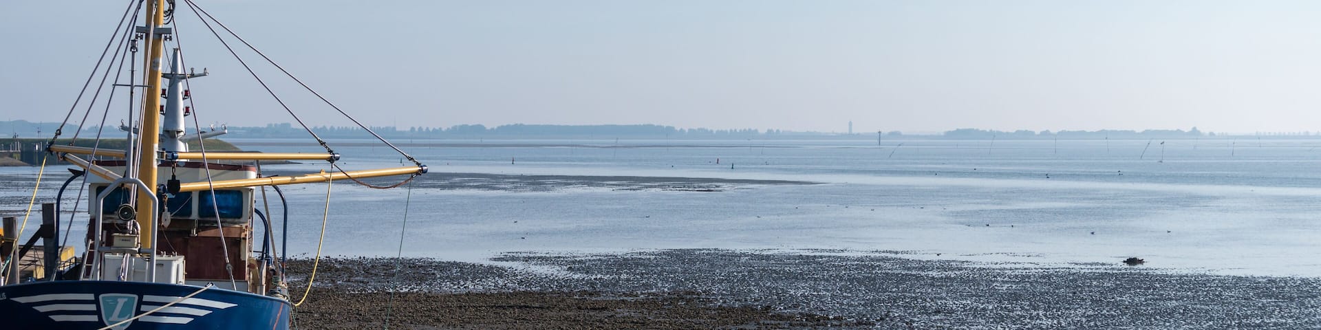 Coastline in zeeuwse village Yerseke with famous oysters wells during low tide, Zeeland, Netherlands
