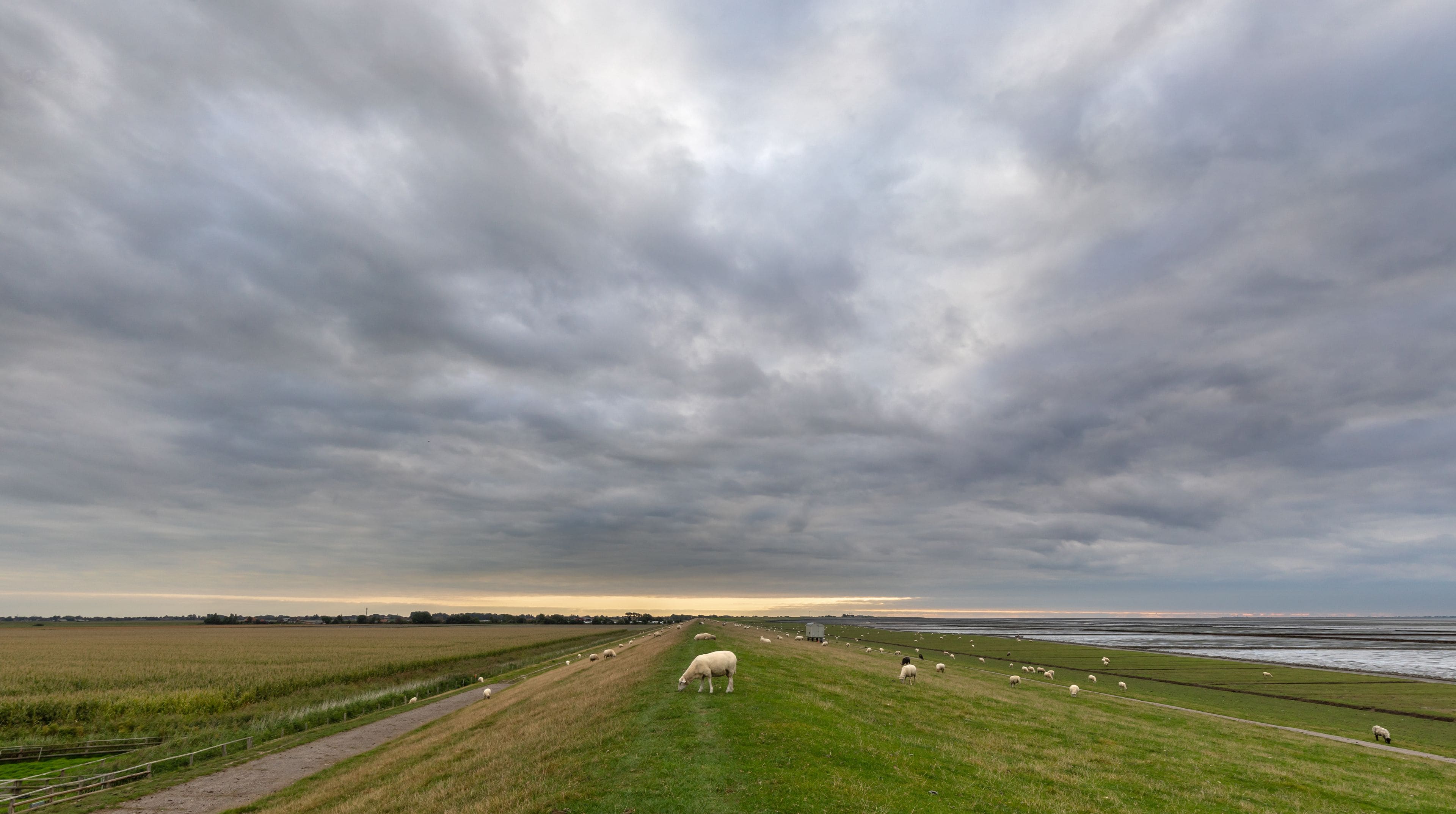 A cloudy sky over a rural landscape with fields and a body of water.