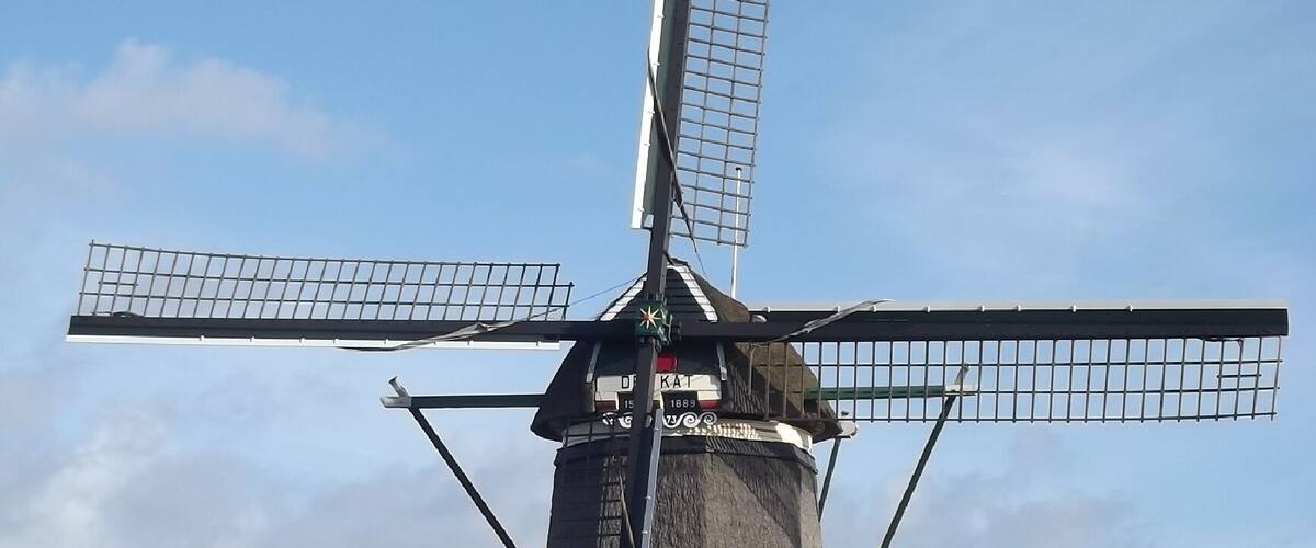 A traditional windmill with a thatched roof and lattice blades, surrounded by a grassy field and modern buildings in the background.
