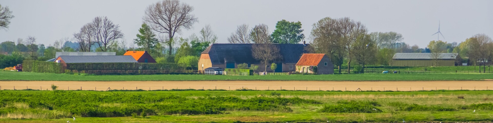 Un paisaje rural con un río, campos verdes y un molino de viento a lo lejos.