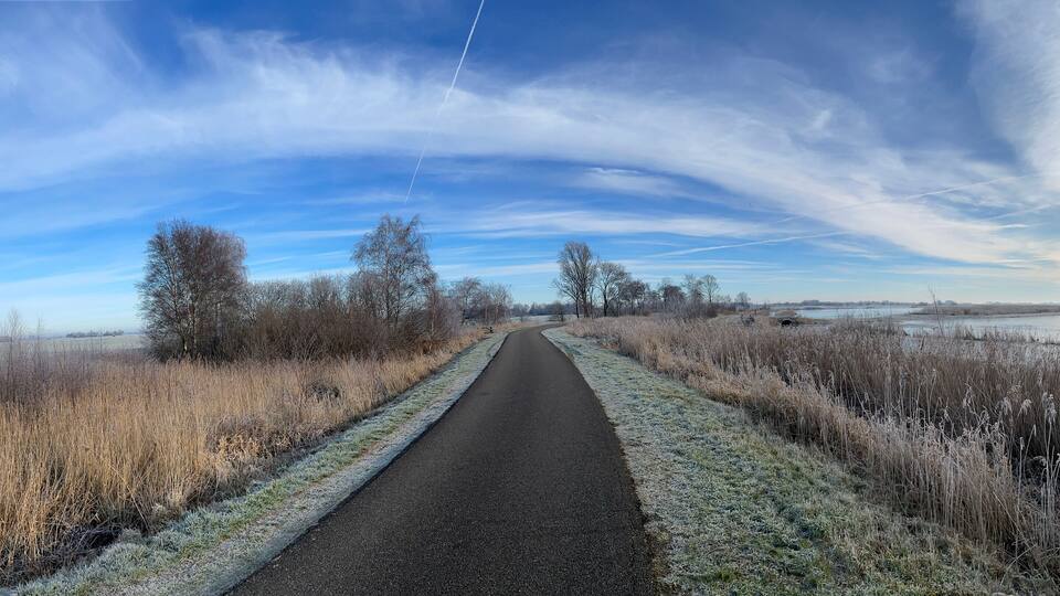 A frost-covered path leading through a field with trees and a distant body of water.