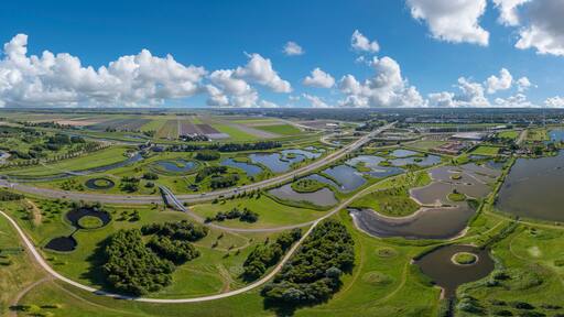 Luftaufnahme mit dem Park van Luna und dem Ortsteil Stad van de Zon in Heerhugowaard. Provinz Nordholland in den Niederlanden