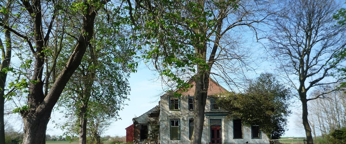An old, dilapidated house surrounded by lush greenery and a small pond.