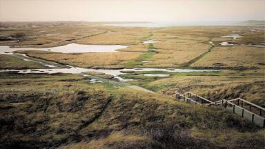 A vast, flat landscape with a winding water channel and a wooden footbridge.