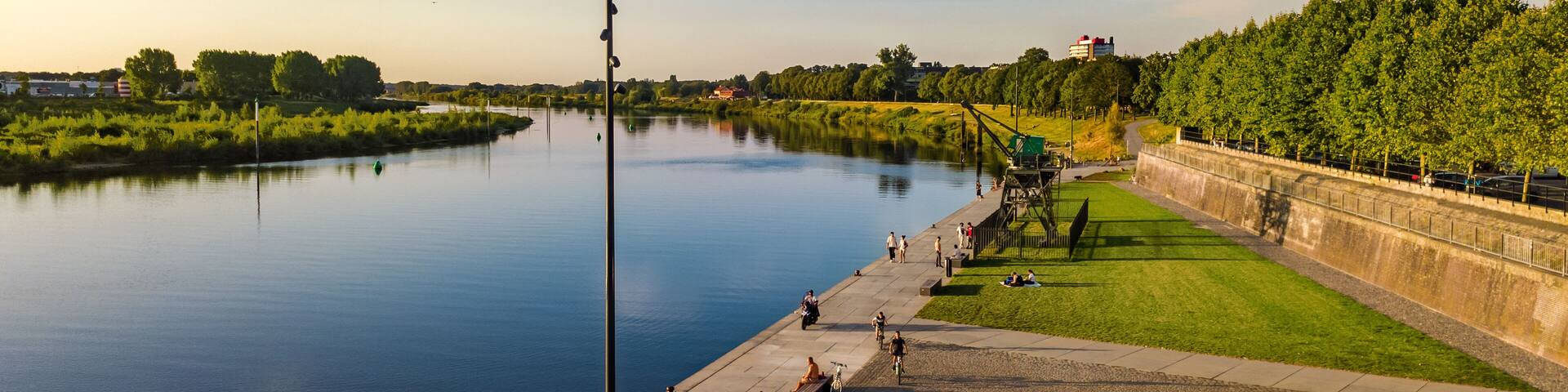 Venlo town waterfront near Maas river aerial drone view from above, Limburg, Netherlands