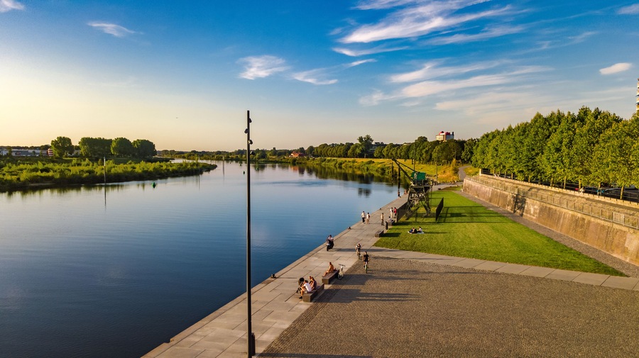Venlo town waterfront near Maas river aerial drone view from above, Limburg, Netherlands