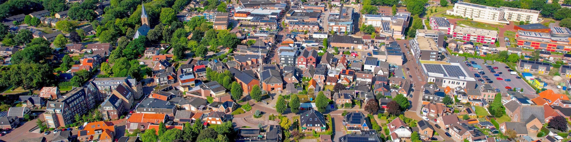 Aerial panorama view of the city Beilen in the Netherlands on a sunny morning in summer