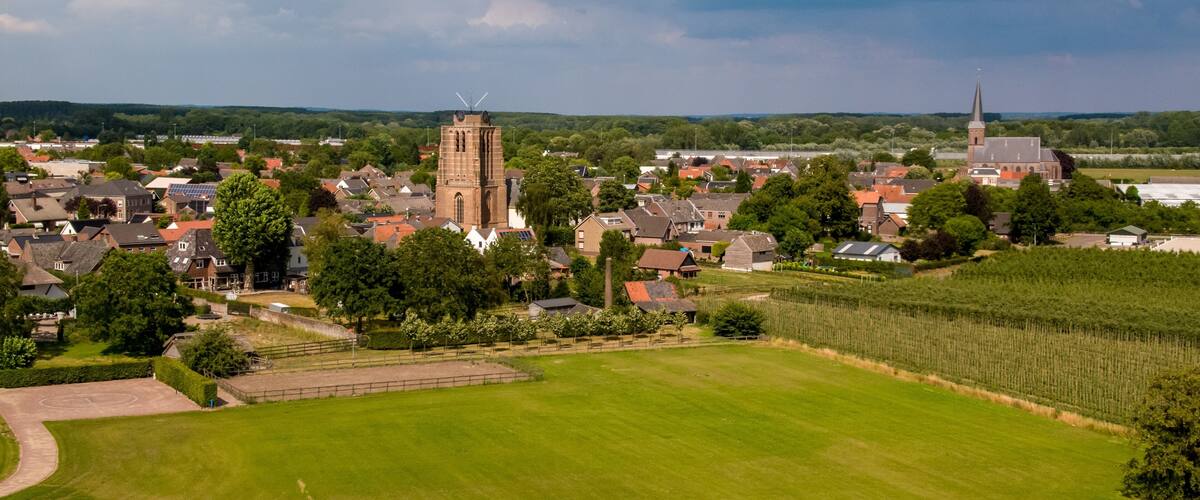 A town with a prominent church tower, residential houses, and surrounding greenery.