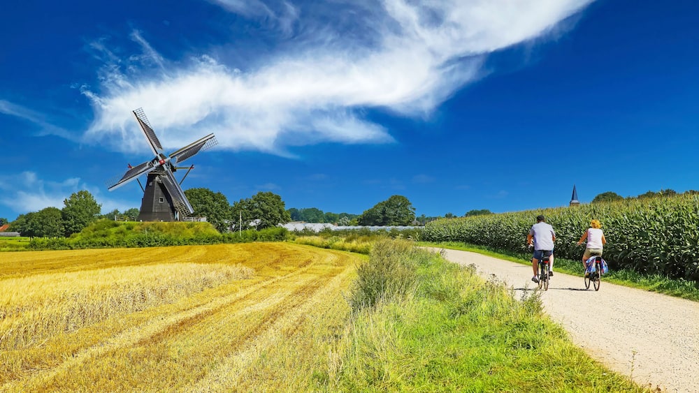 View on cycling path with cyclists couple in rural dutch limburg maas landscape with windmill (Molen de grauwe beer) against blue summer sky - Beesel, Netherlands