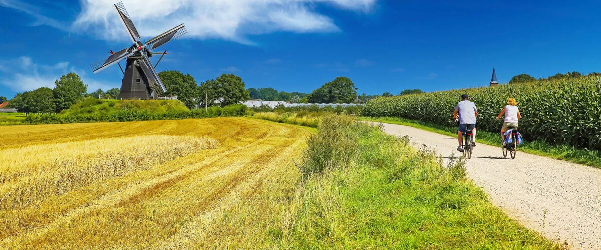 A windmill, a field, a path, and a church.