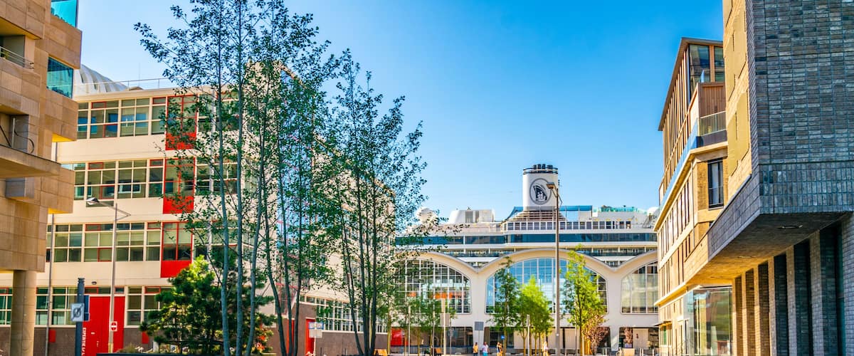A modern urban plaza with a sign reading "HOLLAND AMERICA," surrounded by contemporary buildings and trees.