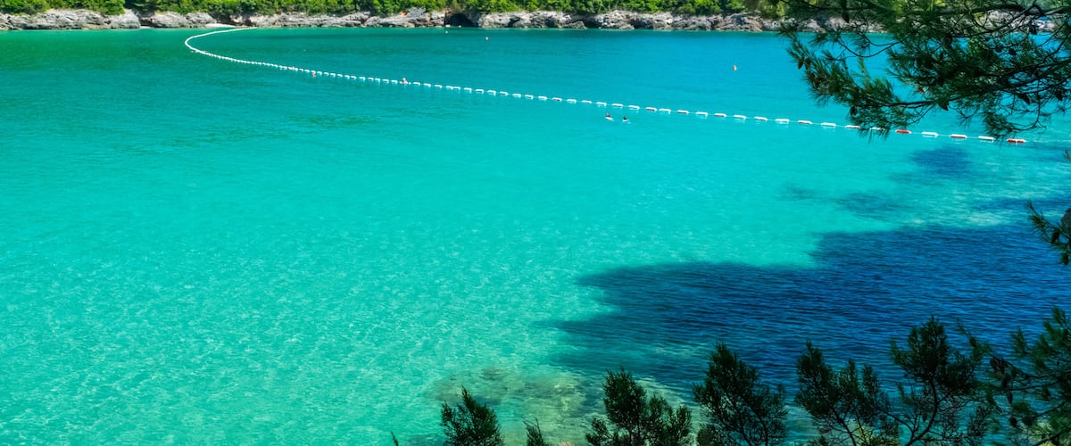 A turquoise sea with a white rope barrier, surrounded by green hills and pine trees.