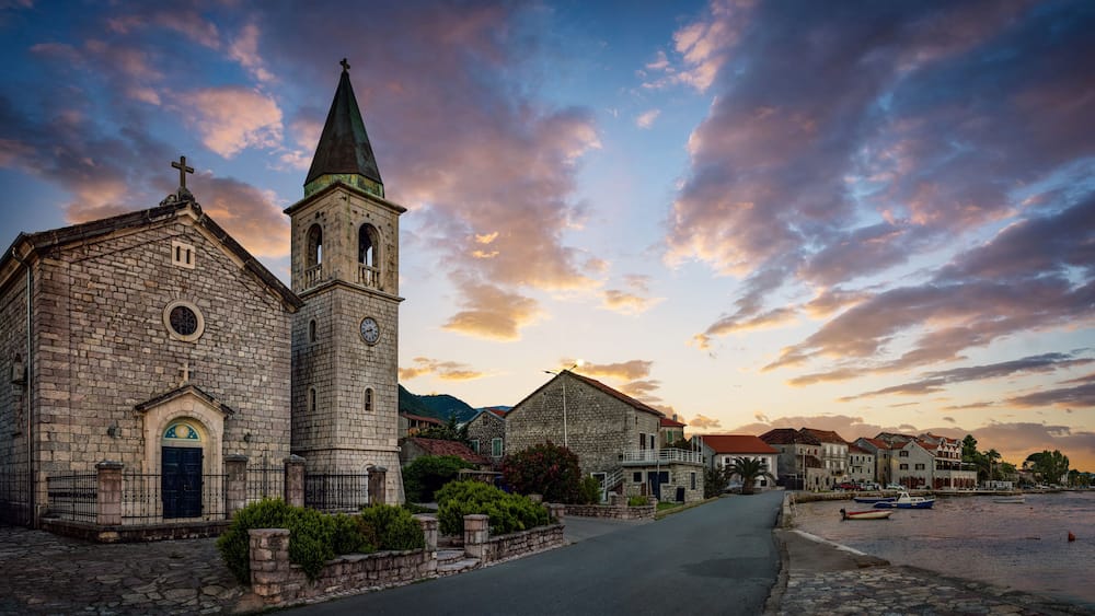 Old architecture in Tivat, Montenegro. Kotor bay, Adriatic sea. Catholic Church of Saint Roch ( St Roko ) in Donja Lastva village. Montenegro, Kotor Bay, Tivat
