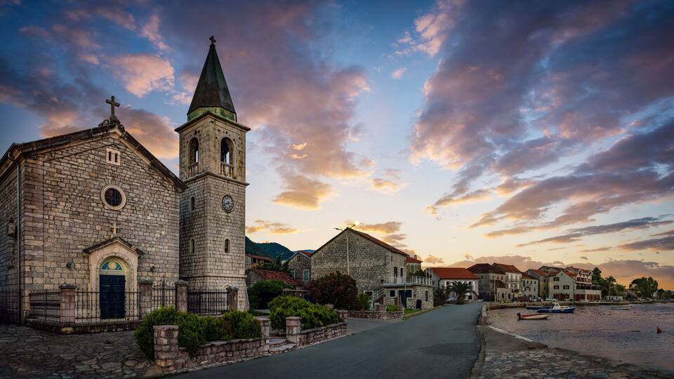 Old architecture in Tivat, Montenegro. Kotor bay, Adriatic sea. Catholic Church of Saint Roch ( St Roko ) in Donja Lastva village. Montenegro, Kotor Bay, Tivat