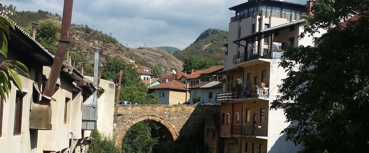 A stone bridge over a narrow stream, surrounded by lush greenery and traditional buildings.