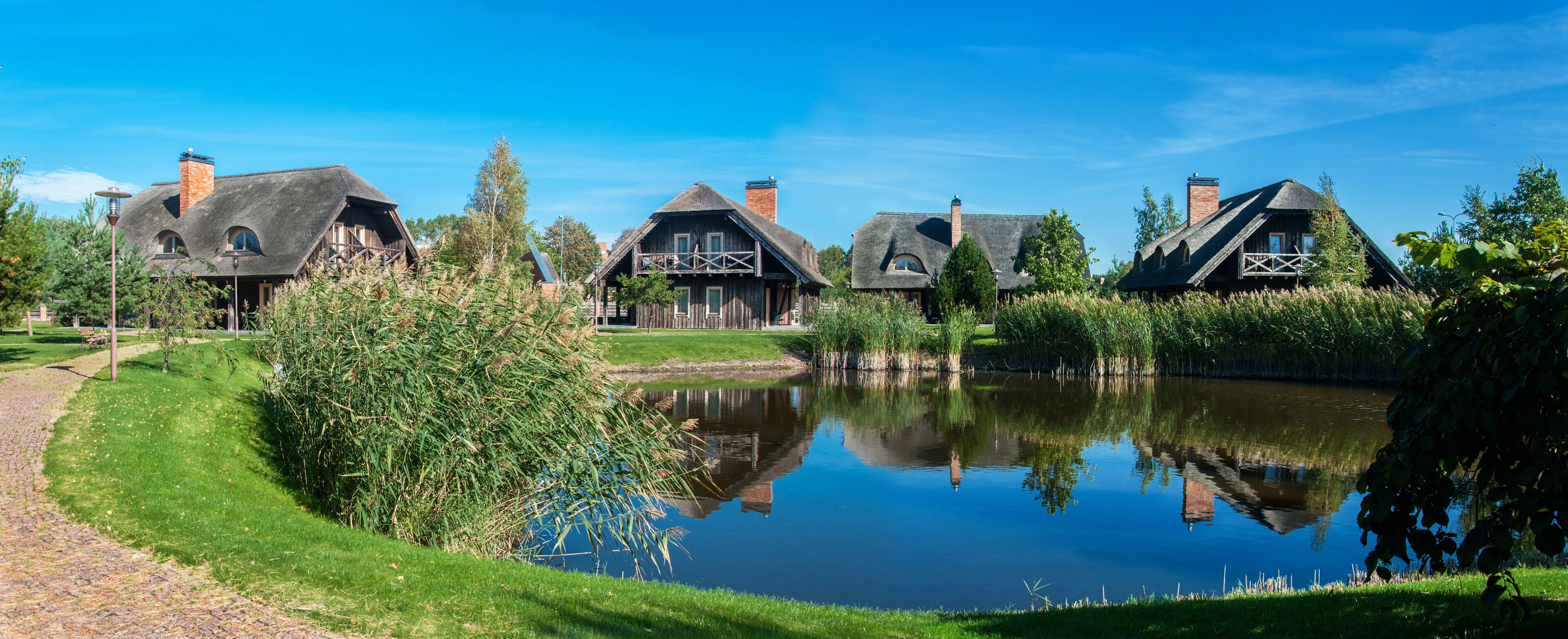 A row of traditional houses with thatched roofs by a calm pond.