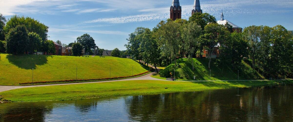Church in Anyksciai city and beautiful river Sventoji