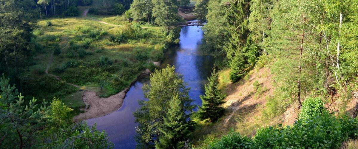 A river winding through a forested valley with a bridge crossing over it.