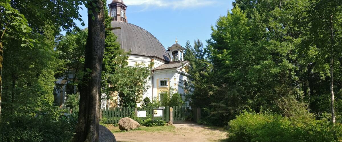 A church with a dome and bell tower surrounded by lush greenery.