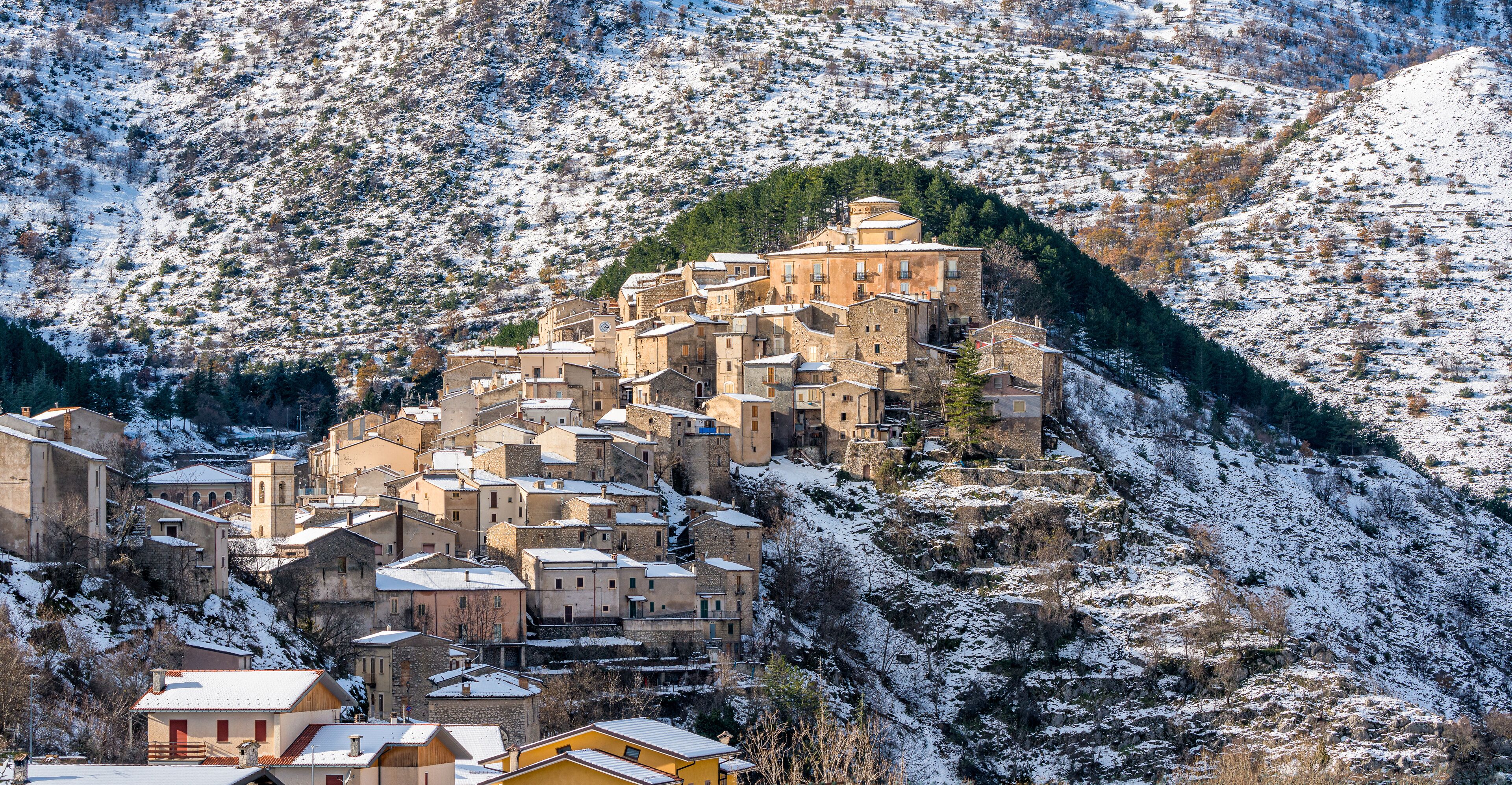 The beautiful village of Villalago, covered in snow during winter season. Province of L'Aquila, Abruzzo, Italy.