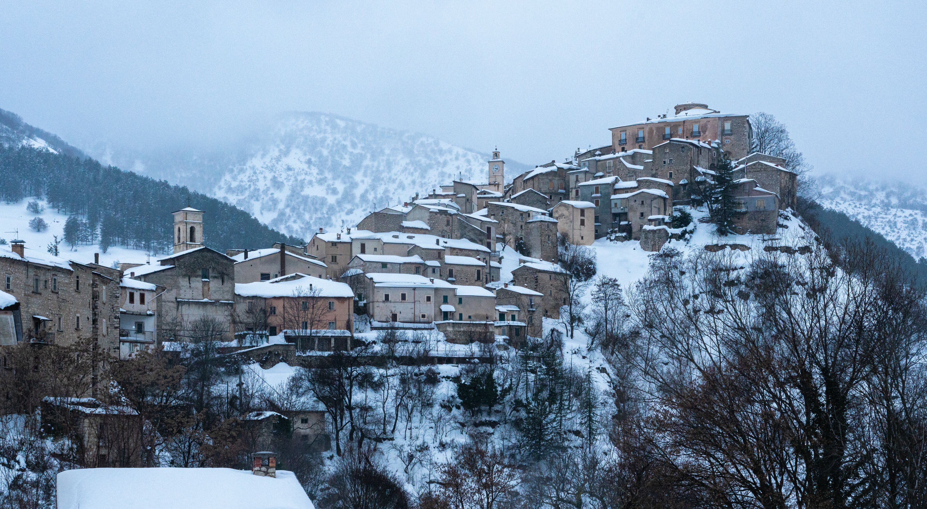 The beautiful village of Villalago, covered in snow during winter season. Province of L'Aquila, Abruzzo, Italy.