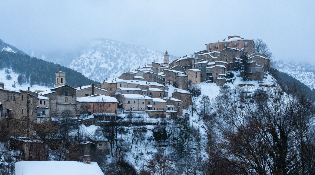 The beautiful village of Villalago, covered in snow during winter season. Province of L'Aquila, Abruzzo, Italy.