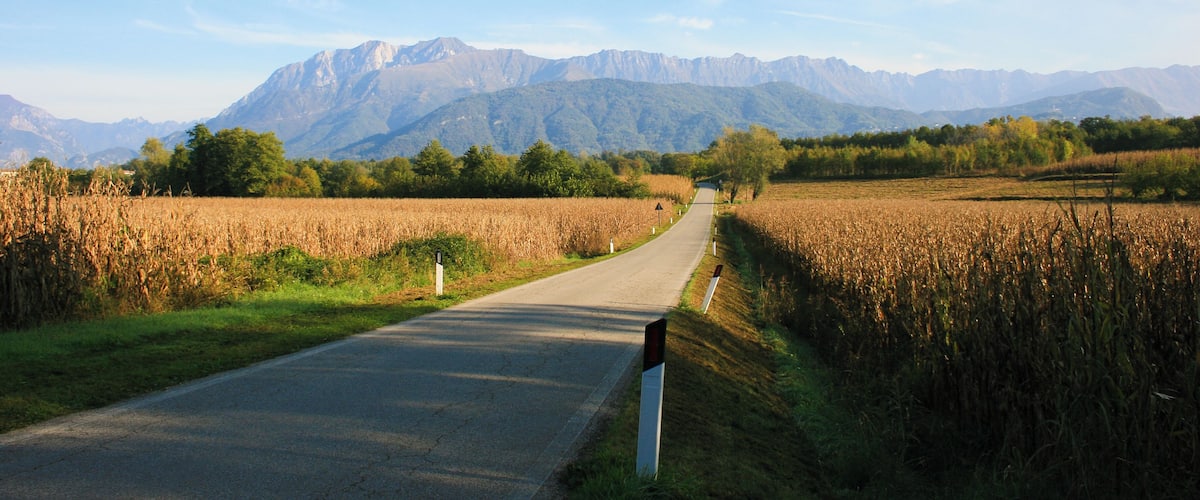 A rural road with mountains in the background.