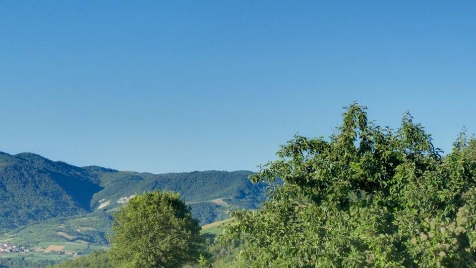 A mountainous landscape with rolling hills, dense forests, and scattered buildings.