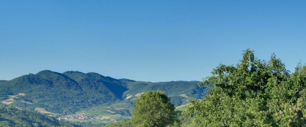 A mountainous landscape with rolling hills, dense forests, and scattered buildings.