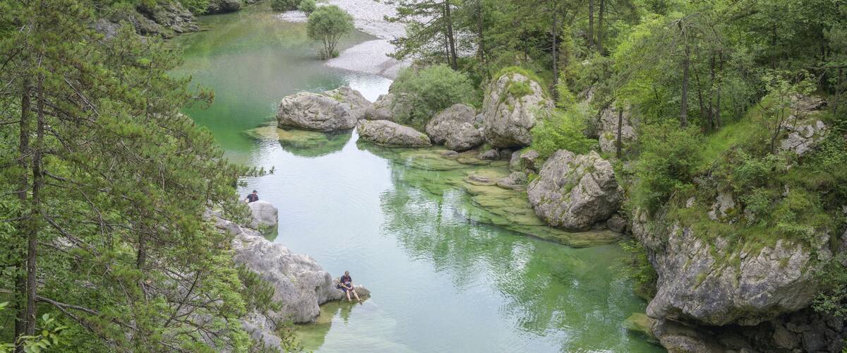 A river surrounded by dense green forest and rocky terrain.