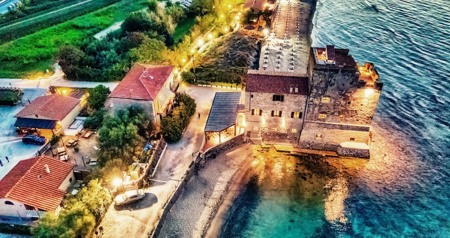Aerial night view of Torre Mozza near Follonica, Tuscany - Italy