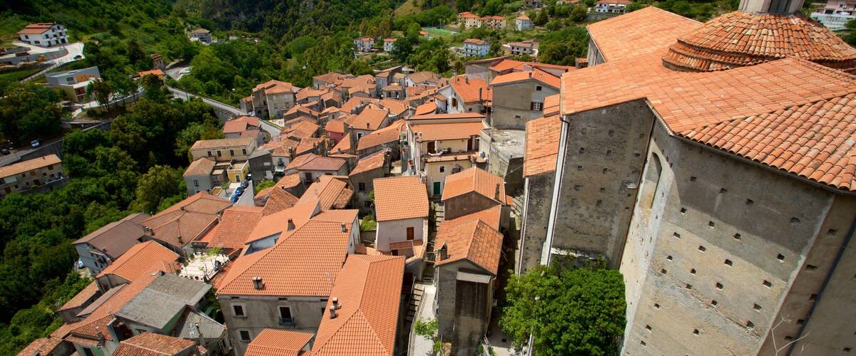 A town with red-tiled roofs nestled in a valley surrounded by greenery.