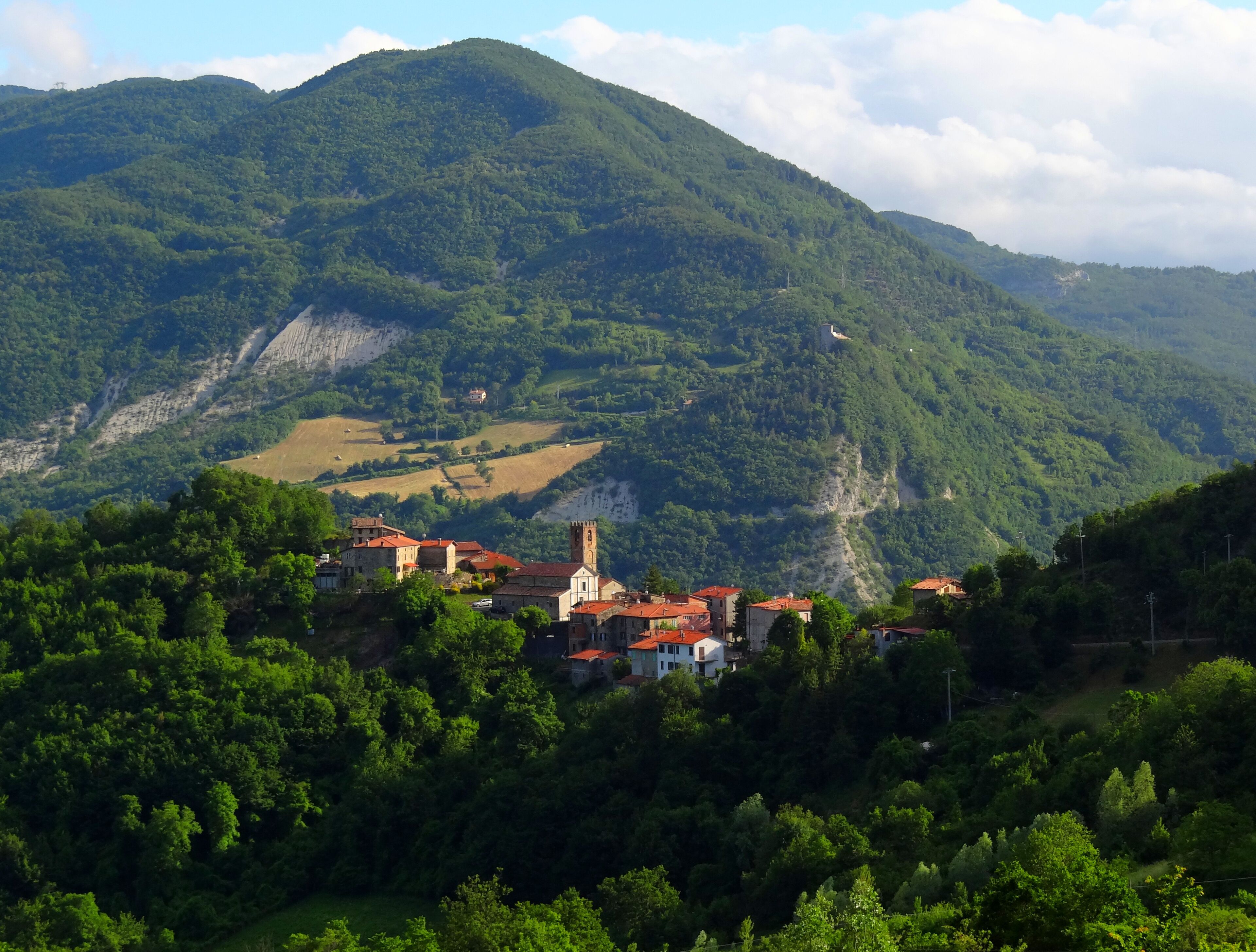 A village nestled in a valley surrounded by lush green hills and a prominent church tower.