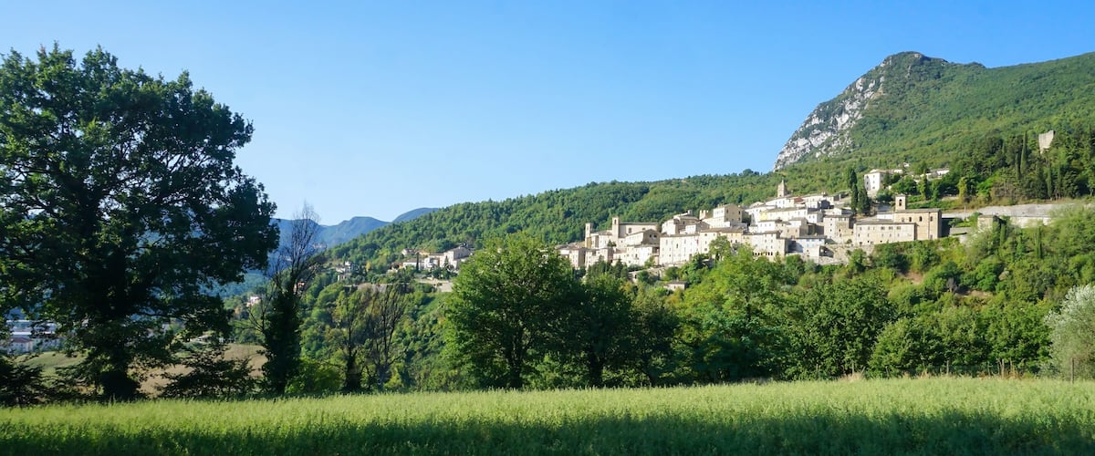 A hillside village with buildings nestled among lush greenery and mountains.