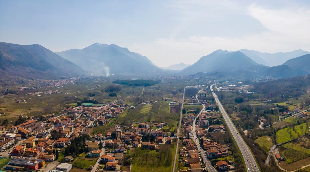Panoramic aerial view of the highway crossing the valley in San Michele di Serino, Campania, Avellino, Italy.