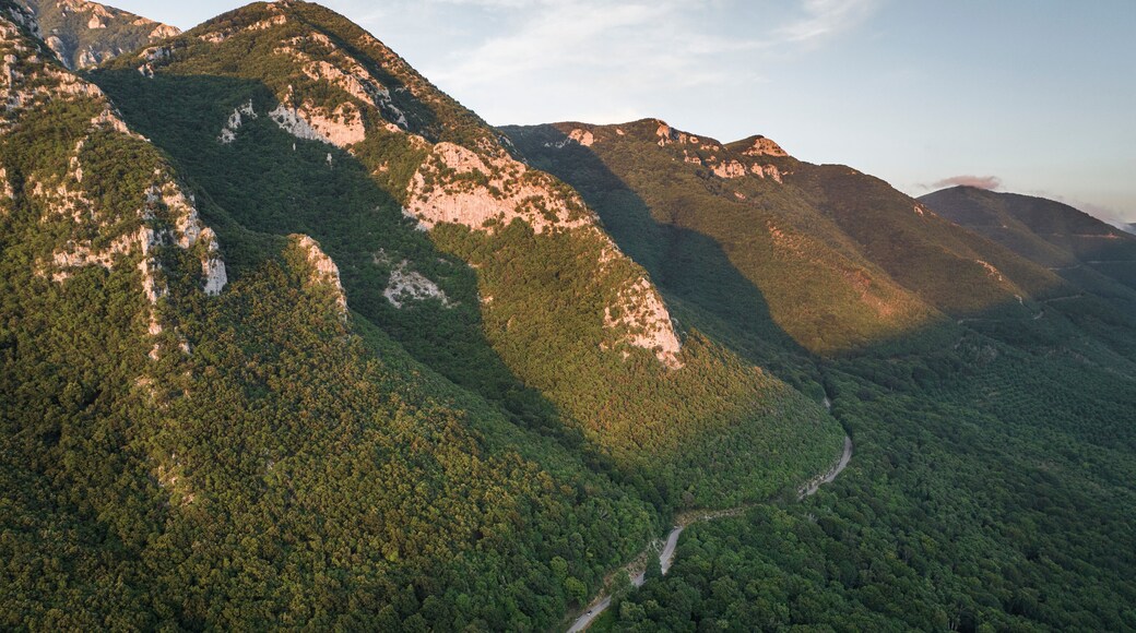 Aerial view of a road along the Mount Terminio at sunset, Serino, Campania, Avellino, Italy.