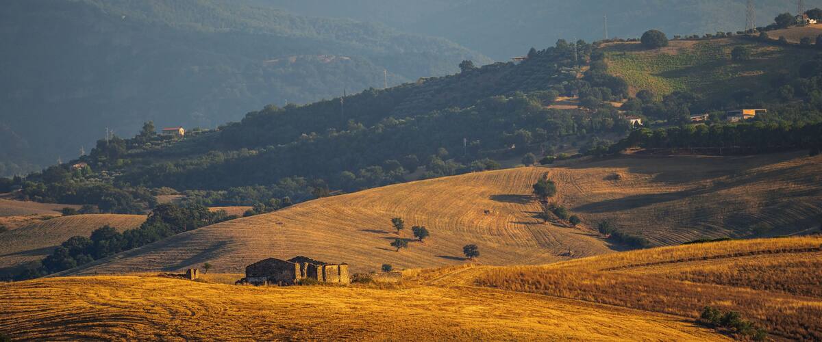 Rolling hills with a small stone building in the foreground, surrounded by fields and distant houses on a hillside.