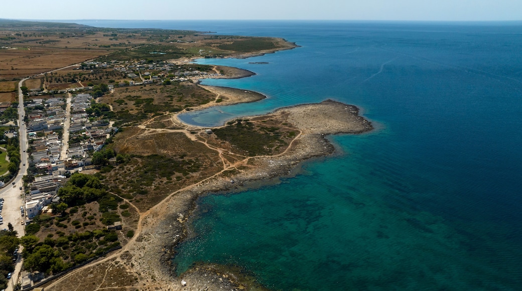 Aerial view of the rocky coast of Salento overlooking the Ionian Sea in Puglia, Italy. There are dirt paths leading to the sea.