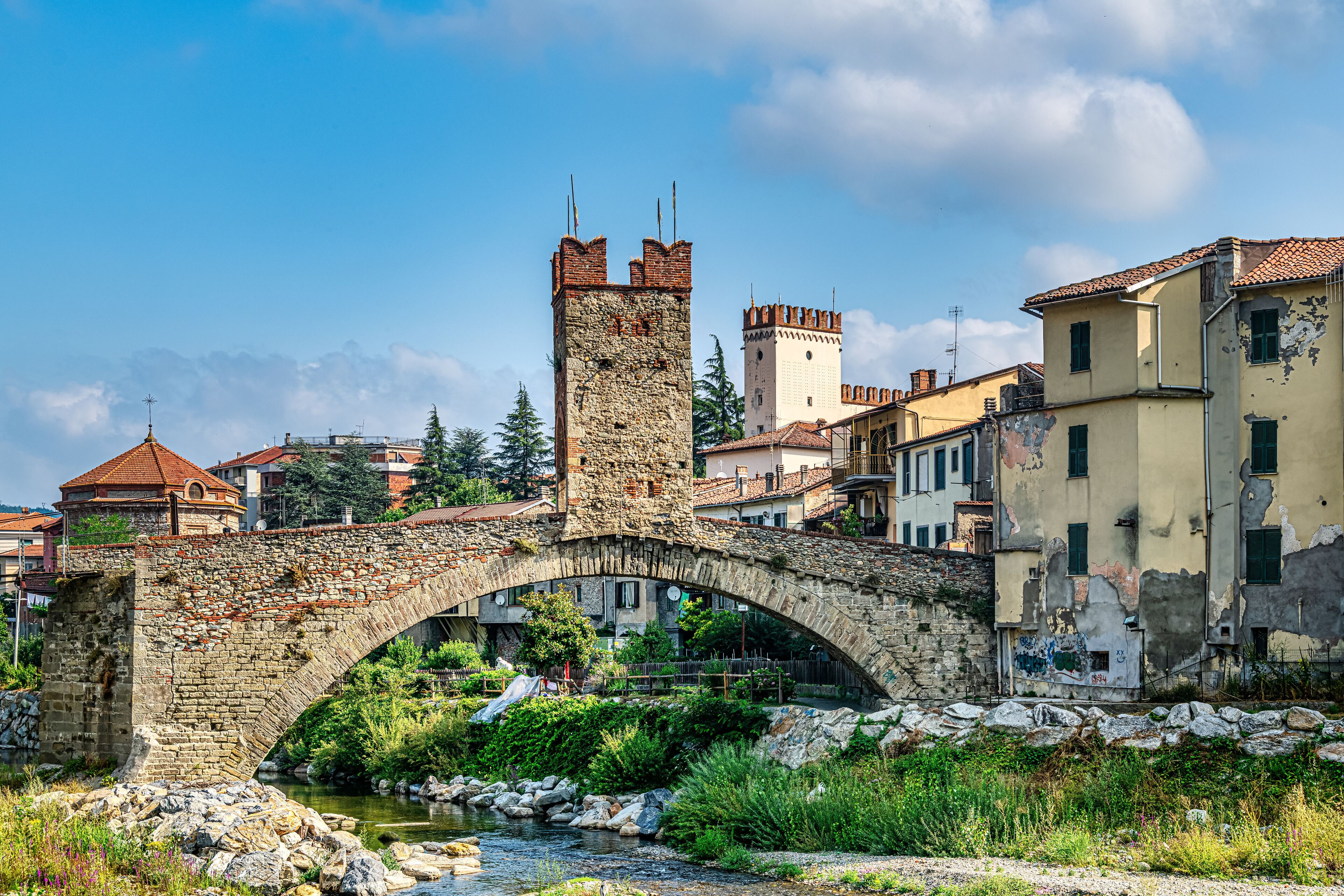 Ponte della Gaietta in Millesimo, Savona, Italy. The "Ponte Fortificado" is the symbol of the city of Millesimo
