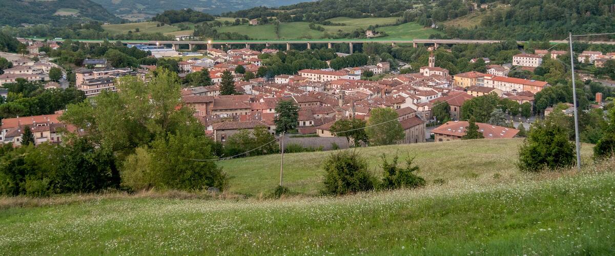 A town with red-roofed buildings, a green field, and mountains in the background.