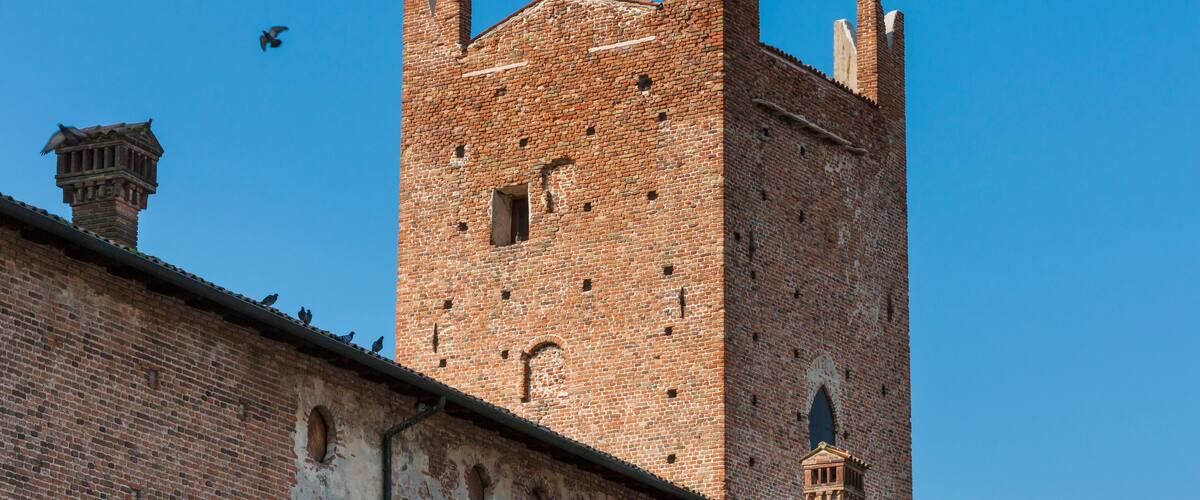 A tall brick tower with crenellations, a smaller adjacent building, and birds flying in the sky.