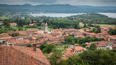 aerial view over Roppolo town and the Viverone lake, Province of Biella, region Piemonte, Italy