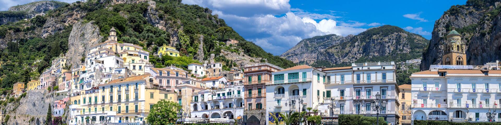 Italy, Amalfi town colorful architecture and Campania Amalfi coast landscapes.