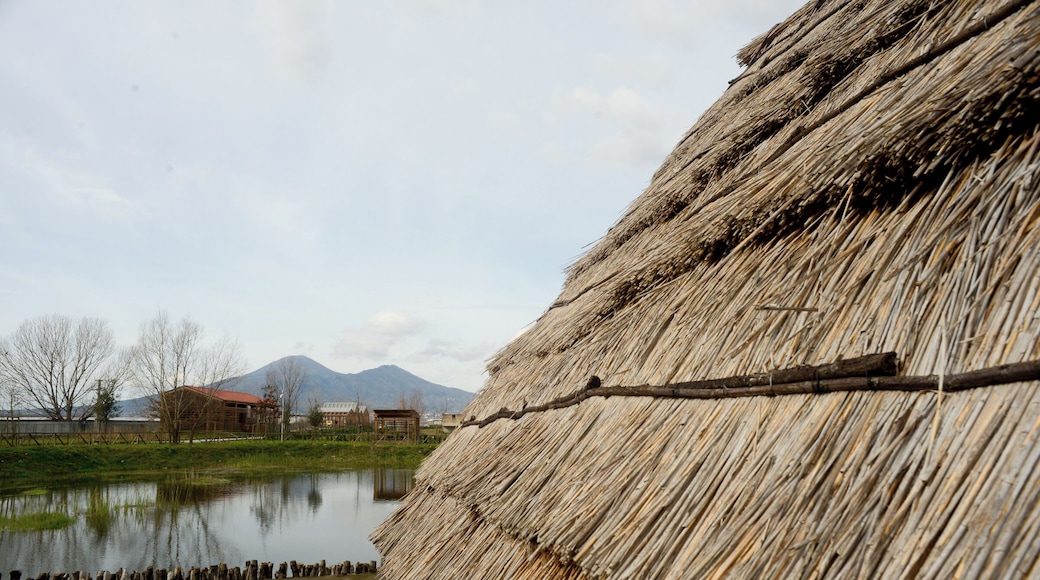 Parco archeologico del sito archeo-fluviale di Longola. Capanne del villaggio preistorico. Sullo sfondo, il Somma-Vesuvio.