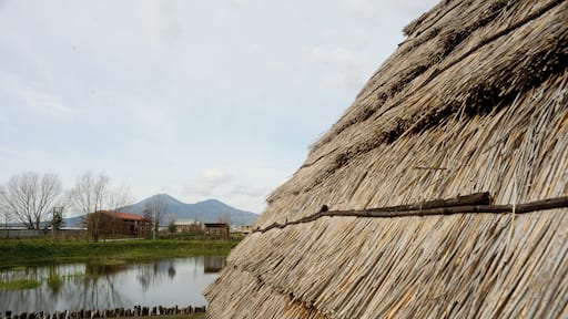 Parco archeologico del sito archeo-fluviale di Longola. Capanne del villaggio preistorico. Sullo sfondo, il Somma-Vesuvio.