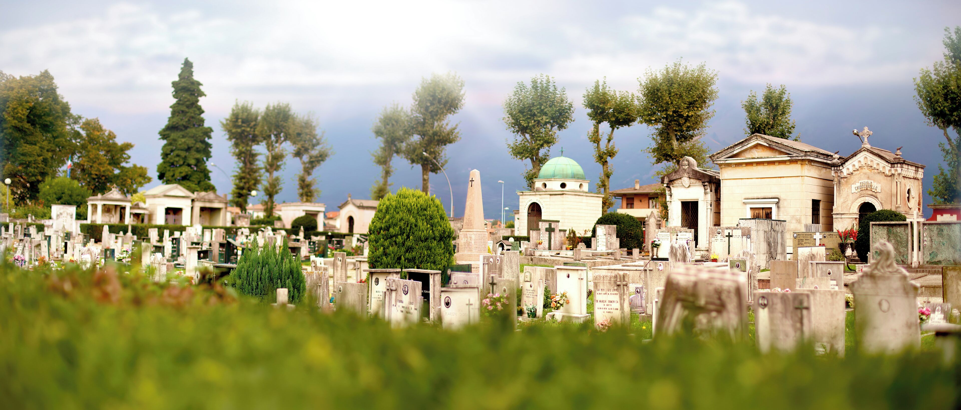 A cemetery with various tombstones, a church, and tall trees.