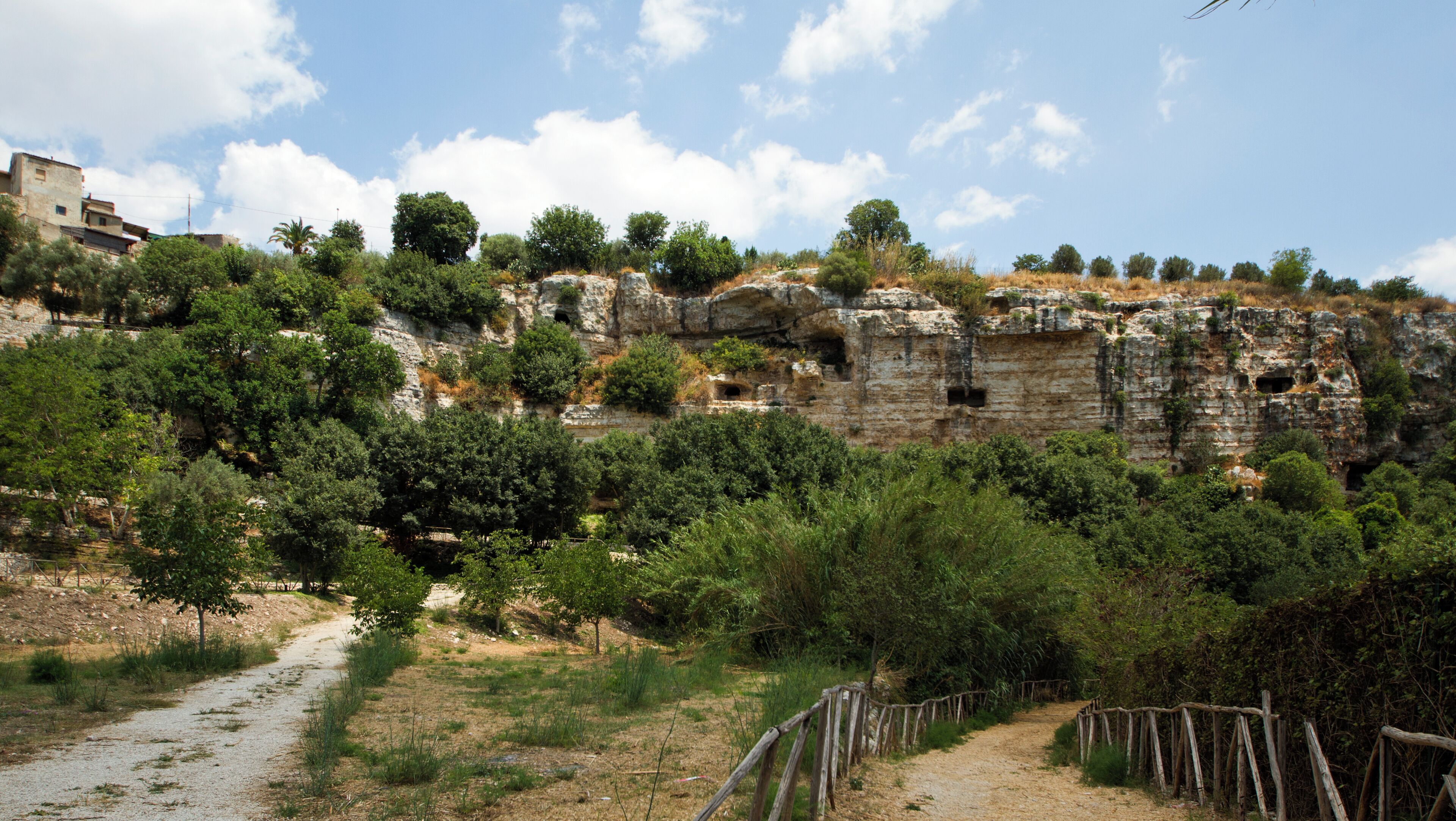 A rocky cliff with cave entrances, a dirt path, and surrounding greenery.