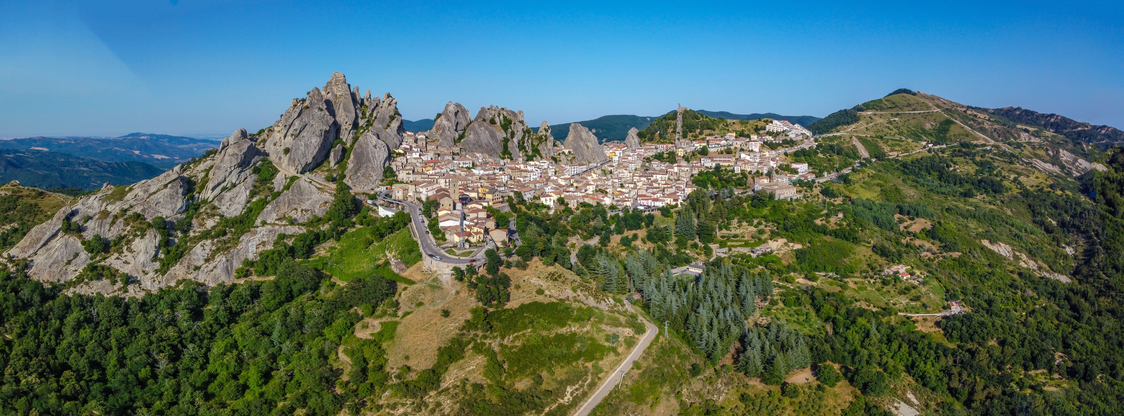 Panoramic view of Pietrapertosa rural village in Apennines Dolomiti Lucane, Potenza province Basilicata, Italy