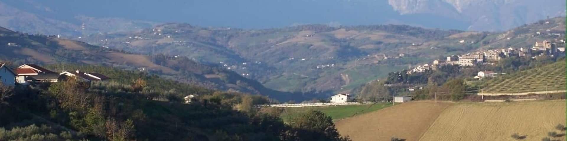 Un paisaje montañoso con picos nevados, campos en terrazas y edificios dispersos.